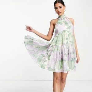 ASOS DESIGN HALTER TIERED VOILE MINI DRESS WITH TIE BACK
